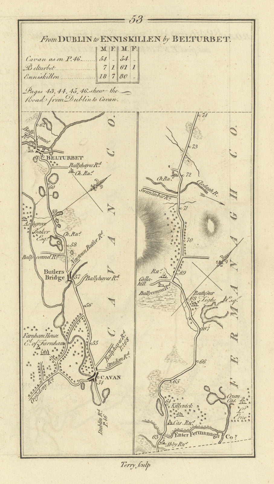 #53 Dublin to Enniskillen by Belturbet. Cavan. TAYLOR/SKINNER 1778 old map